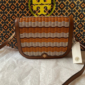 Tory Burch Emerson Woven Crossbody Bag Multicolor Orange White Tan Brown Gold